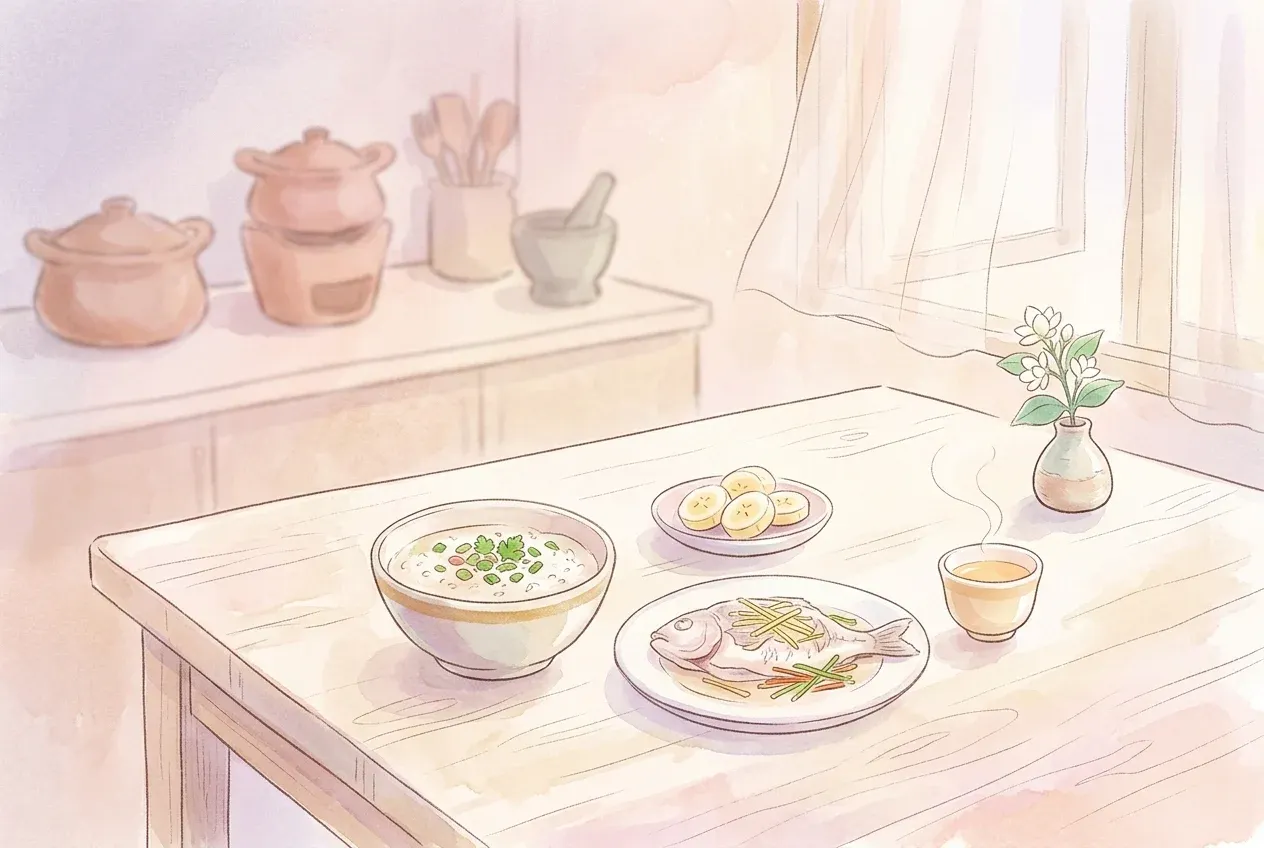 มื้อเย็นจานเล็กที่ย่อยง่าย ปลานึ่ง ขิงอ่อน กล้วย และชาอุ่น ๆ ในบรรยากาศผ่อนคลาย ช่วยลดการกระตุ้นกรดก่อนนอน