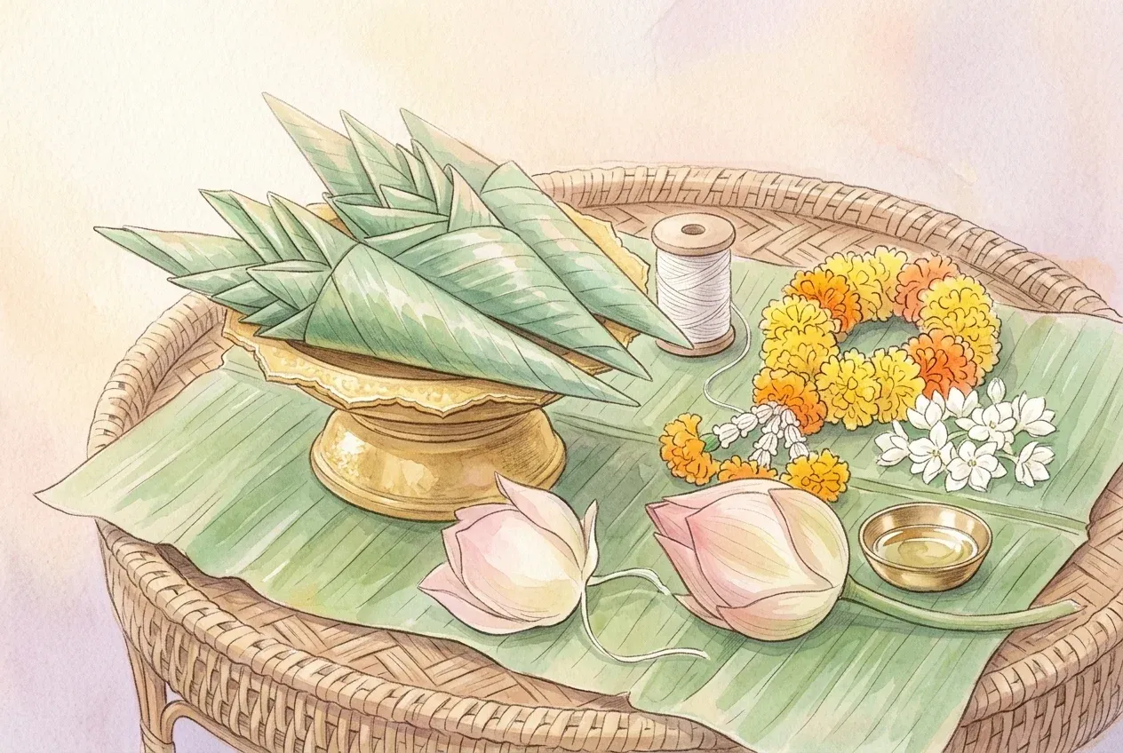 บายศรีปากชามจากใบตองกับริบบิ้นผูกข้อมือในบรรยากาศอบอุ่น แบบภาพวาดพาสเทล
