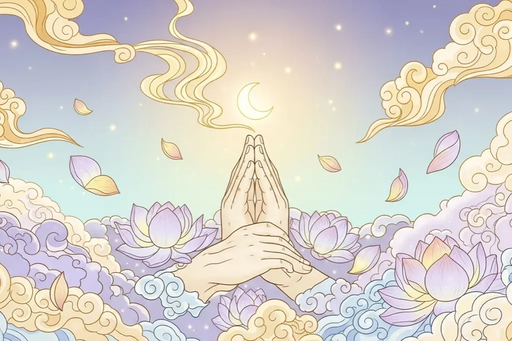 บทสวดมนต์ก่อนนอน บรรยากาศสงบ พนมมือไหว้พระ จิตใจผ่อนคลาย หลับสบาย