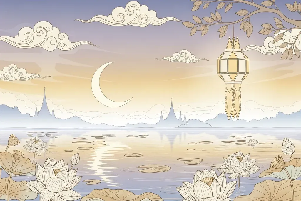 เมรุไทยดั้งเดิมในบรรยากาศพลบค่ำ ล้อมรอบด้วยเมฆสวิร์ลและดอกบัวลอยพาสเทลอ่อน พระจันทร์เสี้ยวเหนือต้นโพธิ์