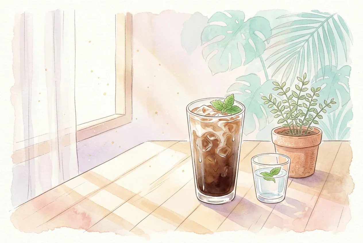 บรรยากาศโต๊ะทำงานตอนบ่ายที่มีแสงแดดอ่อน ๆ แก้วกาแฟเย็น แก้วน้ำ และต้นไม้เล็ก ช่วยให้ตื่นตัวโดยไม่ต้องพึ่งเครื่องดื่มชูกำลัง