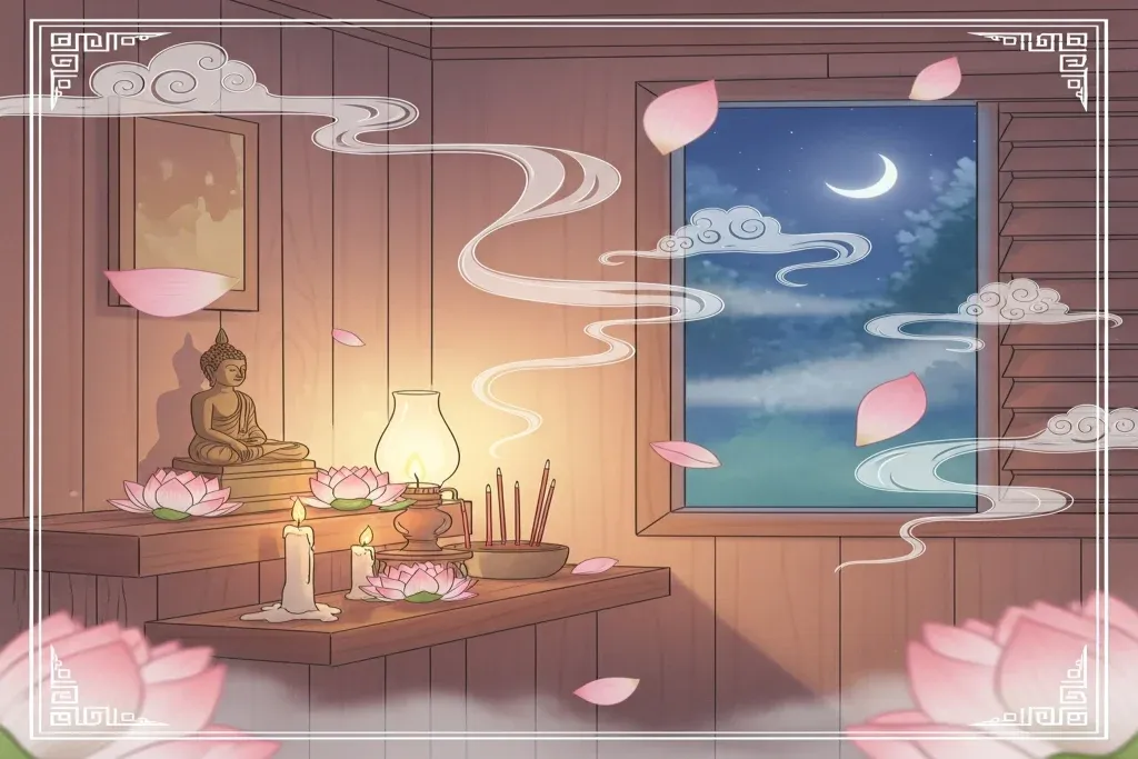 หิ้งพระจุดเทียนยามค่ำ บรรยากาศสงบสำหรับสวดมนต์เมื่อได้ยินหมาหอน