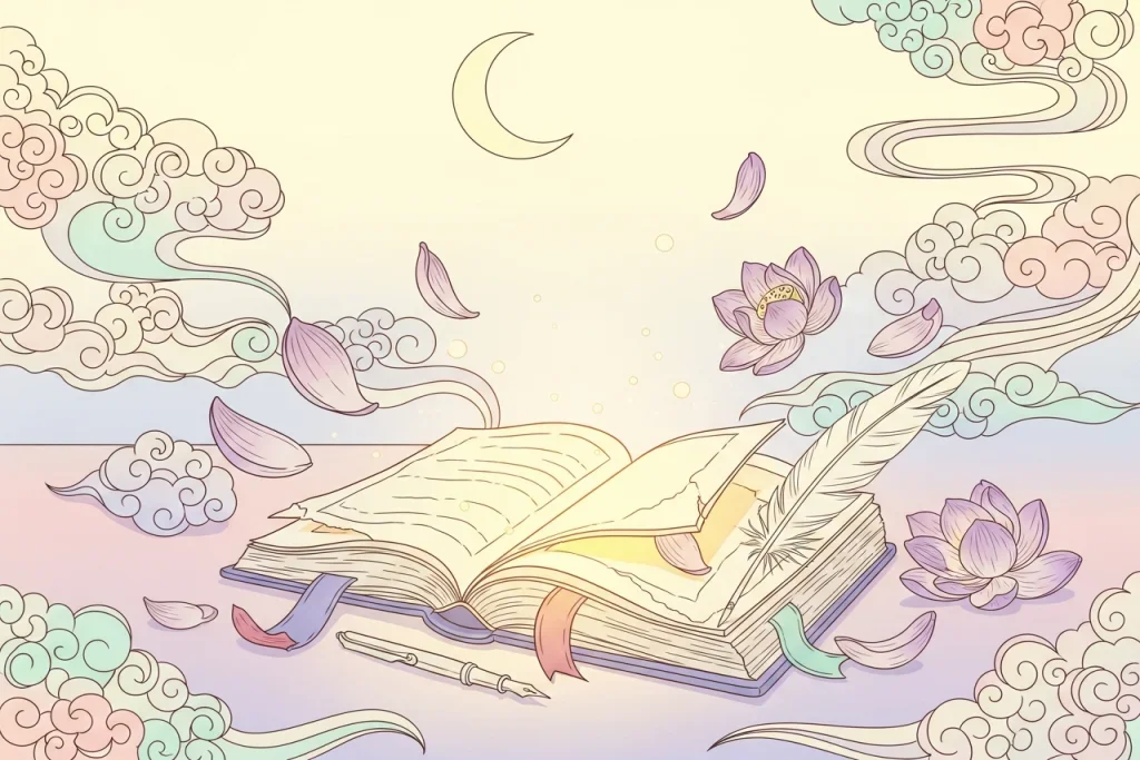 สมุดบันทึกฝันและปากกา บรรยากาศสงบ ดอกบัวลอย