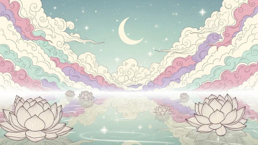 ภาพฝันสไตล์ไทย บรรยากาศพระจันทร์เสี้ยว ดอกบัว และเมฆหมอก
