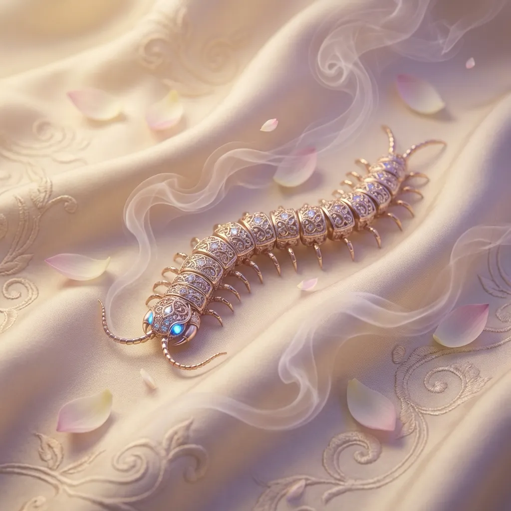 Golden Centipede Crawling on Silk