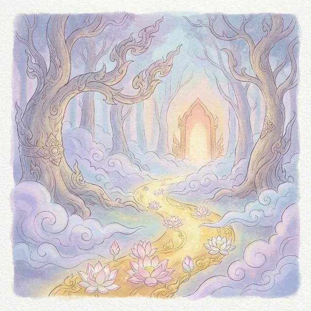 ภาพวาดลายเส้นอ่อนช้อยของป่าศักดิ์สิทธิ์ที่มีแสงสีทองส่องผ่านต้นไม้และสัตว์นำโชคในสไตล์ไทยโมเดิร์น