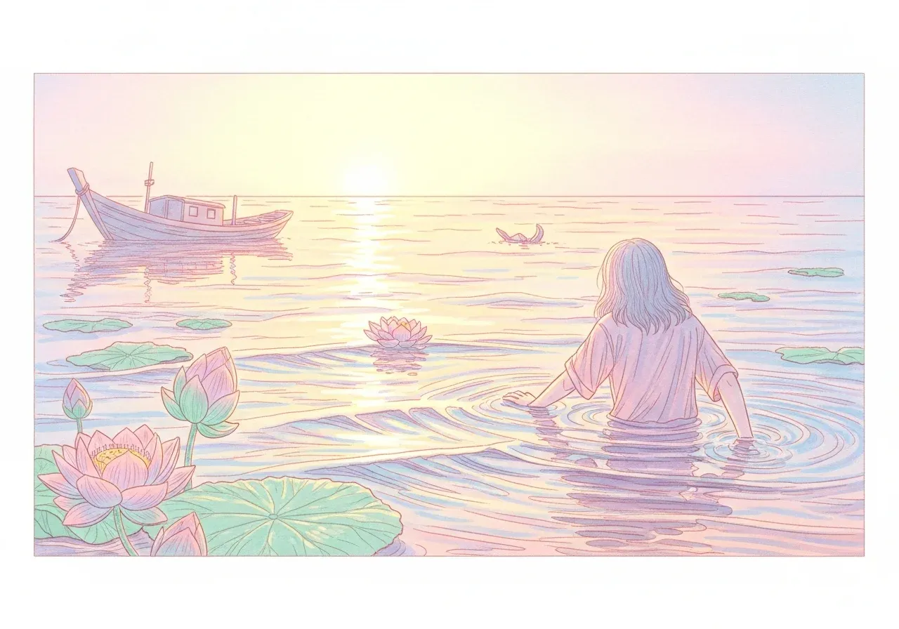 ผู้รอดชีวิตจากฝันเรือล่มก้าวขึ้นฝั่งในรุ่งอรุณ สัญลักษณ์ของการเริ่มต้นใหม่หลังผ่านวิกฤตทางน้ำ ตามวิถีพุทธไทย