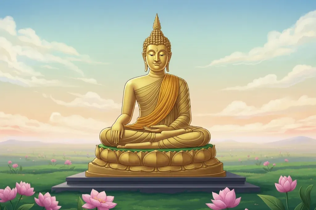 ภาพประกอบฝันเห็นพระพุทธรูป สไตล์ไทยพาสเทลอ่อนนุ่ม พระพุทธรูปเปล่งประกายสีทองบนฐานดอกบัว ห่อหุ้มด้วยเมฆม่านสีลาเวนเดอร์และครีม