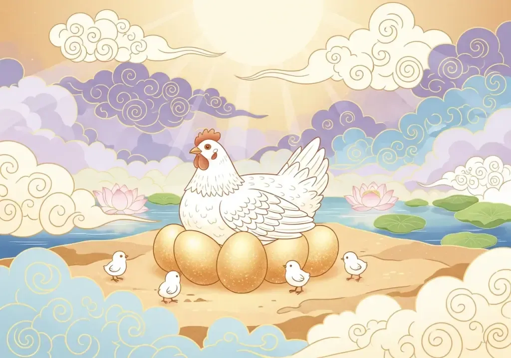 ฝันเห็นไก่กกไข่ — แม่ไก่กกไข่ทองในบรรยากาศเหนือธรรมชาติ ล้อมรอบด้วยลูกไก่ ดอกบัว และเมฆสวรรค์