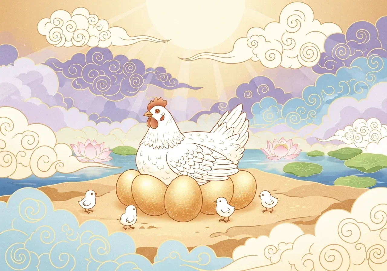 ฝันเห็นไก่กกไข่ — แม่ไก่กกไข่ทองในบรรยากาศเหนือธรรมชาติ ล้อมรอบด้วยลูกไก่ ดอกบัว และเมฆสวรรค์