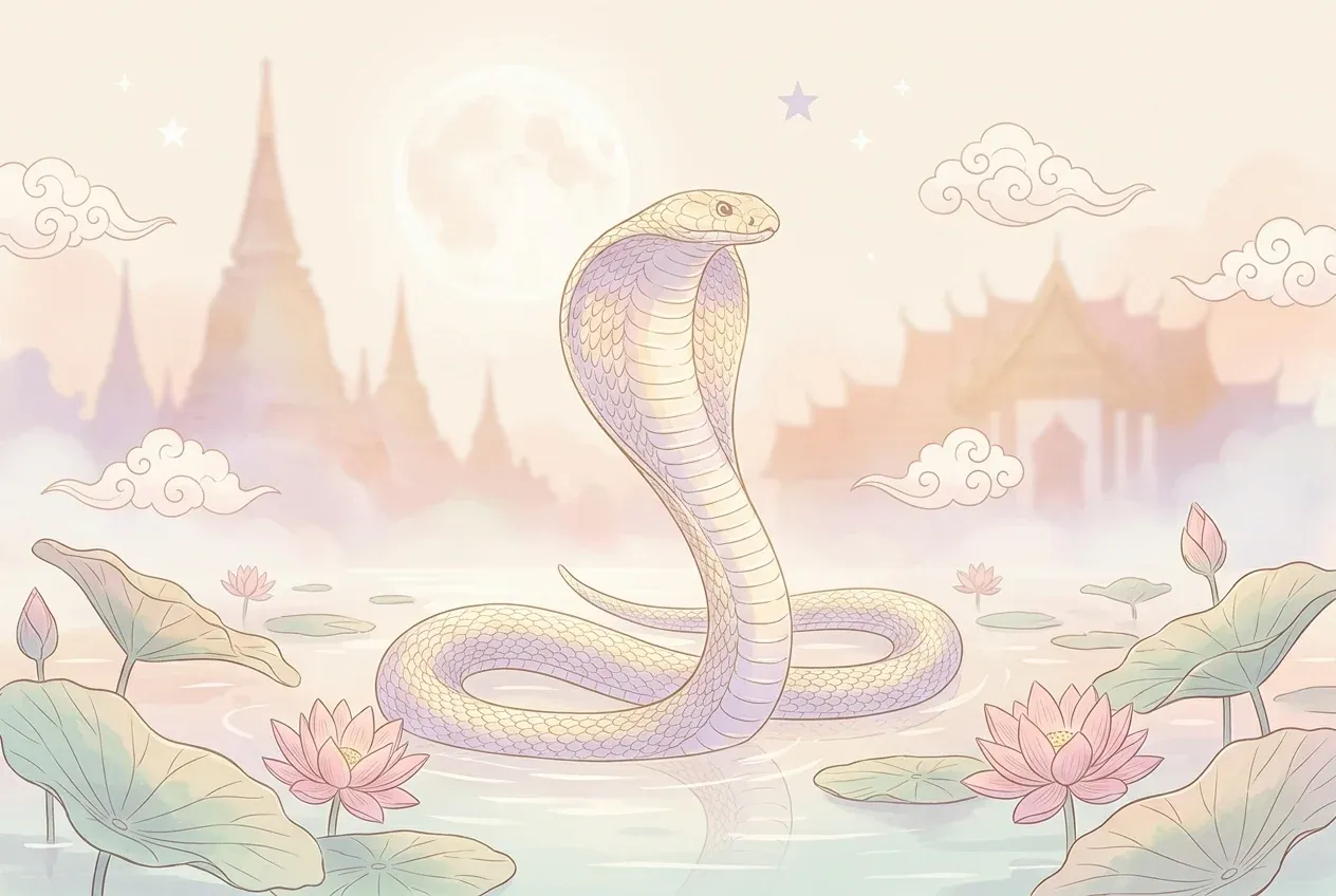 ฝันเห็นงูเห่า งูจงอาง ภาพงูเห่าในสระบัวท่ามกลางบรรยากาศวัดไทยยามค่ำคืน