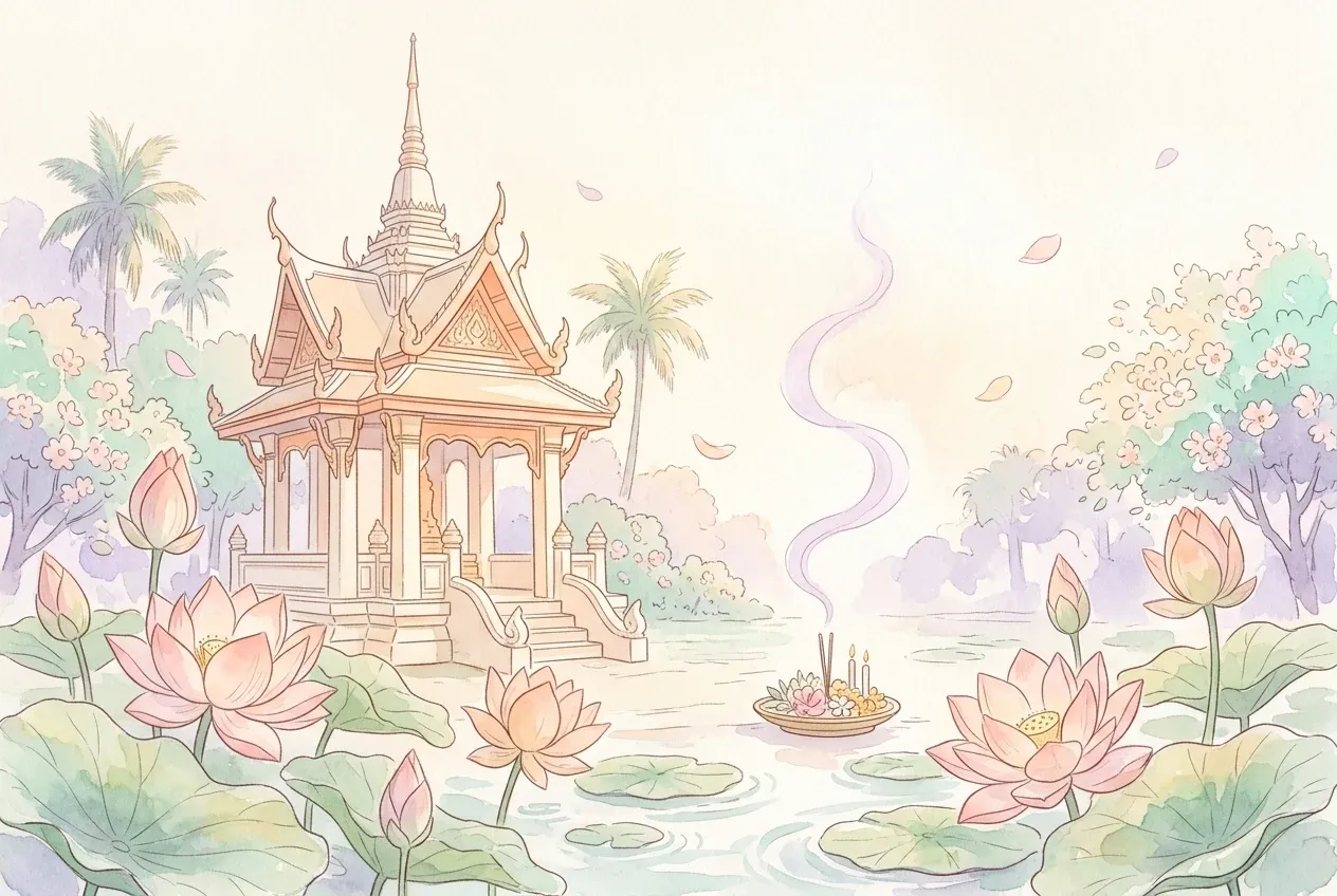 เมรุไทยพาสเทลริมบึงบัว พร้อมควันธูปและดอกบัวบาน สื่อถึงการปิดฉากอย่างสงบ
