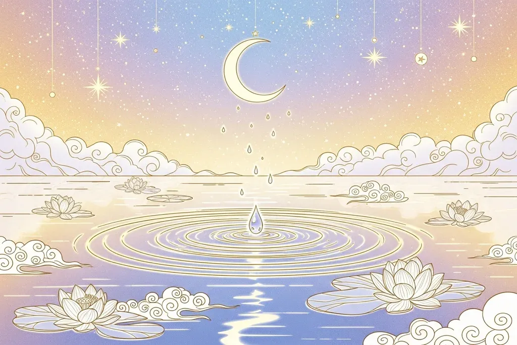 ฝันว่าร้องไห้ น้ำตาหยดลงทะเลสาบ ดอกบัว พระจันทร์เสี้ยว บรรยากาศสงบ