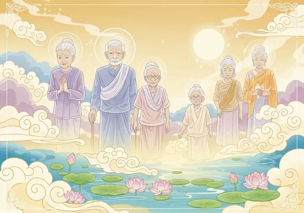 ฝันเห็นผู้ใหญ่ที่เสียไปแล้ว — ปู่ย่าตายายและผู้ใหญ่ปรากฏกายในบรรยากาศเหนือธรรมชาติ ล้อมรอบด้วยดอกบัวและเมฆสวรรค์
