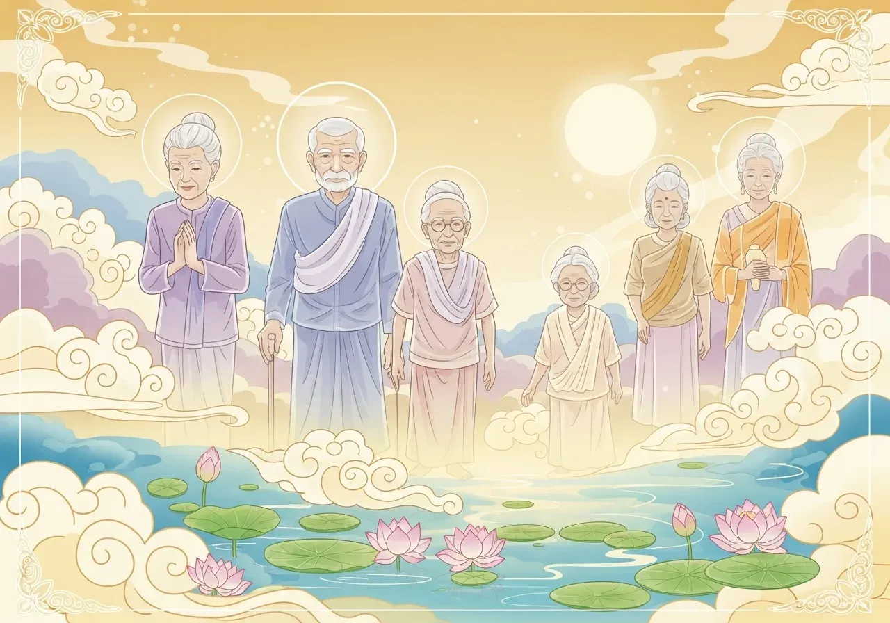 ฝันเห็นผู้ใหญ่ที่เสียไปแล้ว — ปู่ย่าตายายและผู้ใหญ่ปรากฏกายในบรรยากาศเหนือธรรมชาติ ล้อมรอบด้วยดอกบัวและเมฆสวรรค์