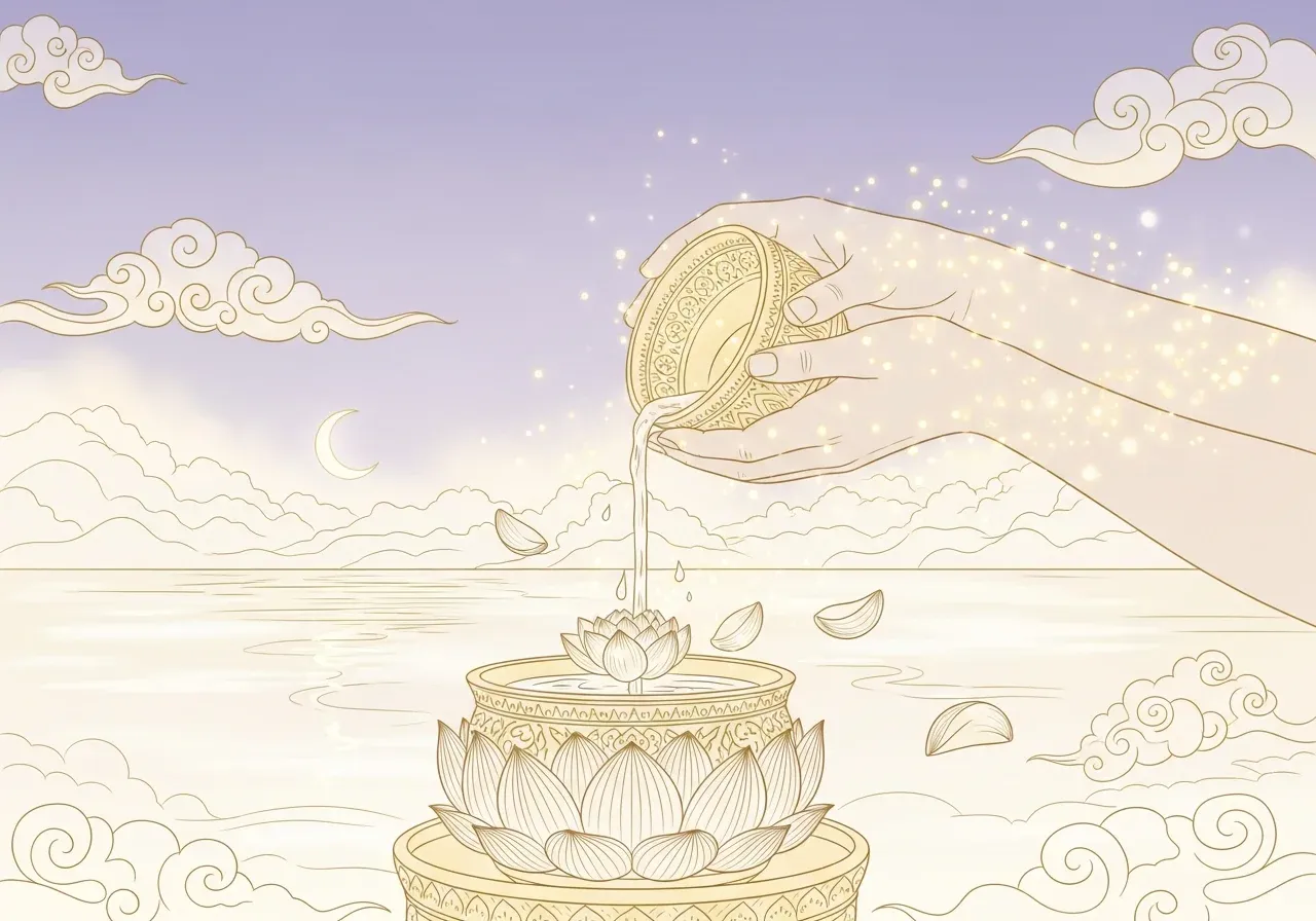 ภาพมือกรวดน้ำใส่ขันดอกบัว — สัญลักษณ์ของการอุทิศส่วนกุศลให้ผู้ล่วงลับ