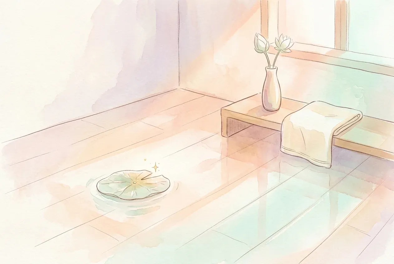 ห้องนอนที่น้ำลดแล้ว เหลือเพียงดอกบัวลอยในแสงเช้า สื่อถึงการชำระล้างและเริ่มต้นใหม่ตามความหมายฝันว่าน้ำท่วม
