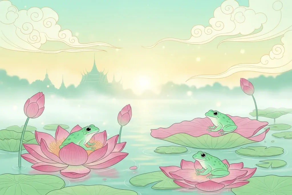 ฝันเห็นกบ กบสีต่าง ๆ บนใบบัวในบ่อน้ำพร้อมหมอกยามเช้าแบบไทยมงคล