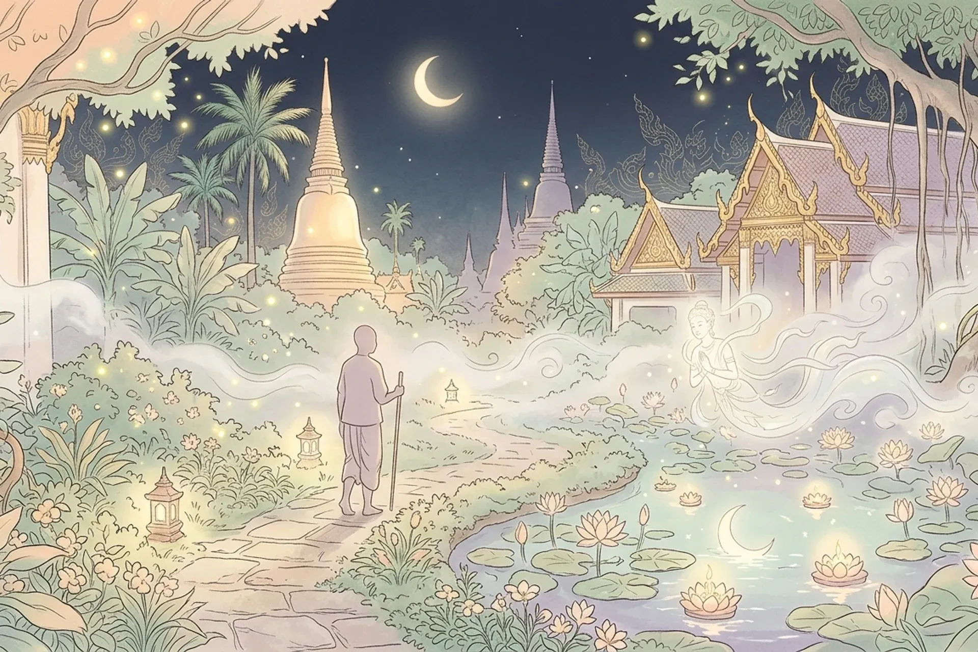 สัญลักษณ์ของการเผชิญหน้ากับความกลัวในจิตใจ ภาพประกอบฝันว่าผีไล่ วิ่งหนีผี ในบรรยากาศวัดไทยยามค่ำ สื่อถึงความกลัวที่ต้องเผชิญและความสงบหลังผ่านพ้น