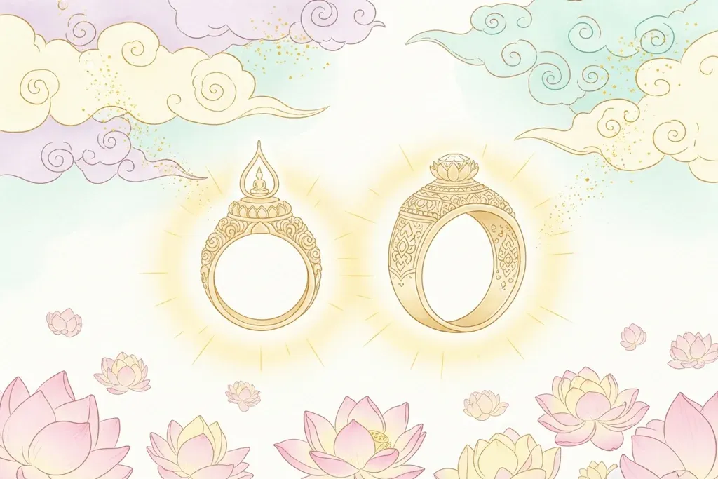 ภาพประกอบแหวนทองสองวงลอยกลางอากาศ ลายไทยและพระเลี่ยมทอง — สัญลักษณ์ของความรักและคำสัญญาในตำราทำนายฝันไทย