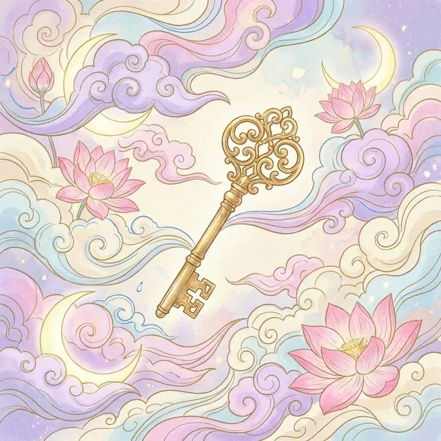 ภาพประกอบสไตล์สีพาสเทลเบาบาง กุญแจทองลอยท่ามกลางเมฆและดอกบัว สื่อถึงการค้นหาทางออกและแสงสว่างในความฝัน