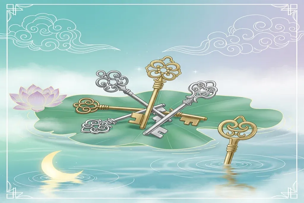 ฝันว่ากุญแจหาย กุญแจเก่าหลายดอกกระจายบนใบบัวในบ่อน้ำหมอกสไตล์ไทยมงคล