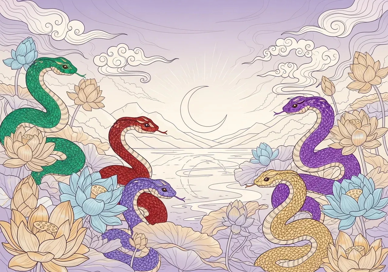 ฝันเห็นงูหลายตัว เลื้อยในสวนดอกบัว บรรยากาศสงบ โทนสีพาสเทล ทะเลสาบ พระจันทร์เสี้ยว