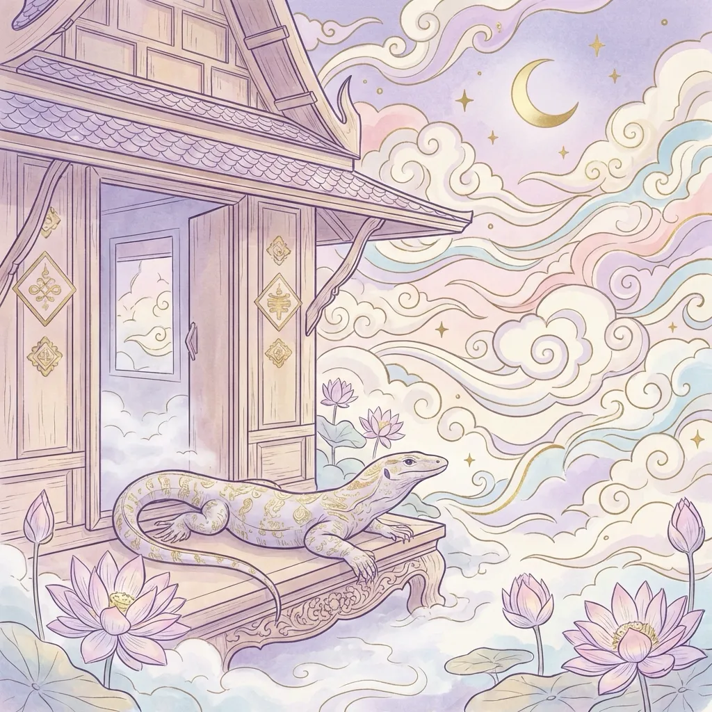 ตัวเงินตัวทองพักผ่อนหน้าบ้านไทยโบราณท่ามกลางบรรยากาศอันเป็นสิริมงคล