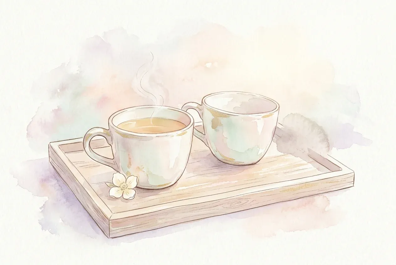 ภาพประกอบฝันว่าแฟนนอกใจ ถ้วยชาสองใบวางบนถาดไม้ ใบหนึ่งยังร้อนอีกใบว่างเปล่า สื่อถึงความไม่แน่ใจในความสัมพันธ์