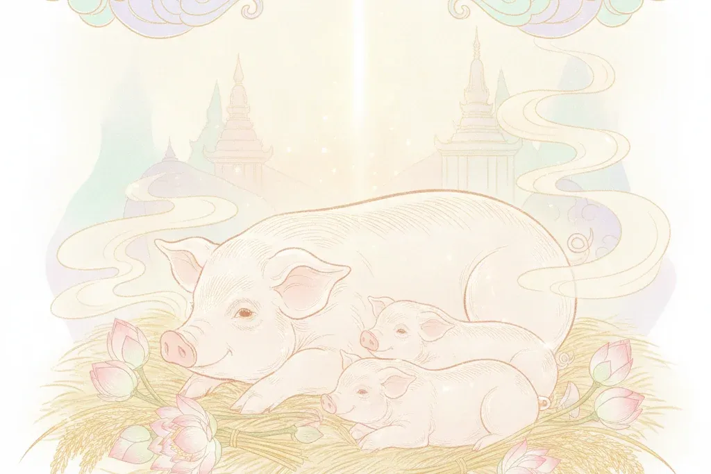 ฝันเห็นหมู ฝันเห็นหมูออกลูก แม่หมูและลูกหมูในบรรยากาศพาสเทลกลางทุ่งข้าว สื่อถึงความอุดมสมบูรณ์