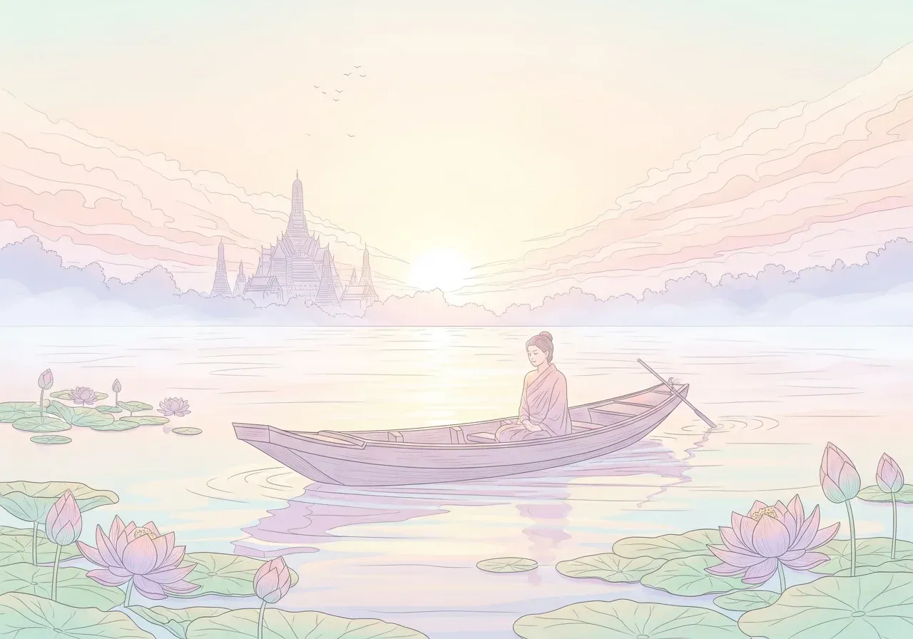 การเดินทางของชีวิตในความฝัน เรือล่องไปยามรุ่งอรุณท่ามกลางสายหมอกบาง ๆ สื่อถึงช่วงเปลี่ยนผ่านของจิตใจตามคติทำนายฝันไทย