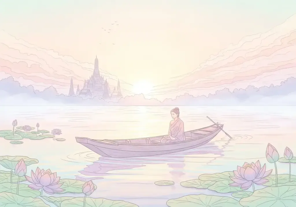 เรือล่องในรุ่งอรุณ — สัญลักษณ์การเดินทางของจิตใจในความฝัน การเดินทางของชีวิตในความฝัน เรือล่องไปยามรุ่งอรุณท่ามกลางสายหมอกบาง ๆ สื่อถึงช่วงเปลี่ยนผ่านของจิตใจตามคติทำนายฝันไทย