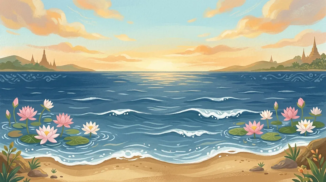 ภาพประกอบฝันเห็นทะเล ทะเลสีน้ำเงินเข้มและสีฟ้าสวยใส คลื่นขาวอ่อนๆ สไตล์ไทยพาสเทล สื่อถึงโชคลาภและจิตใต้สำนึก