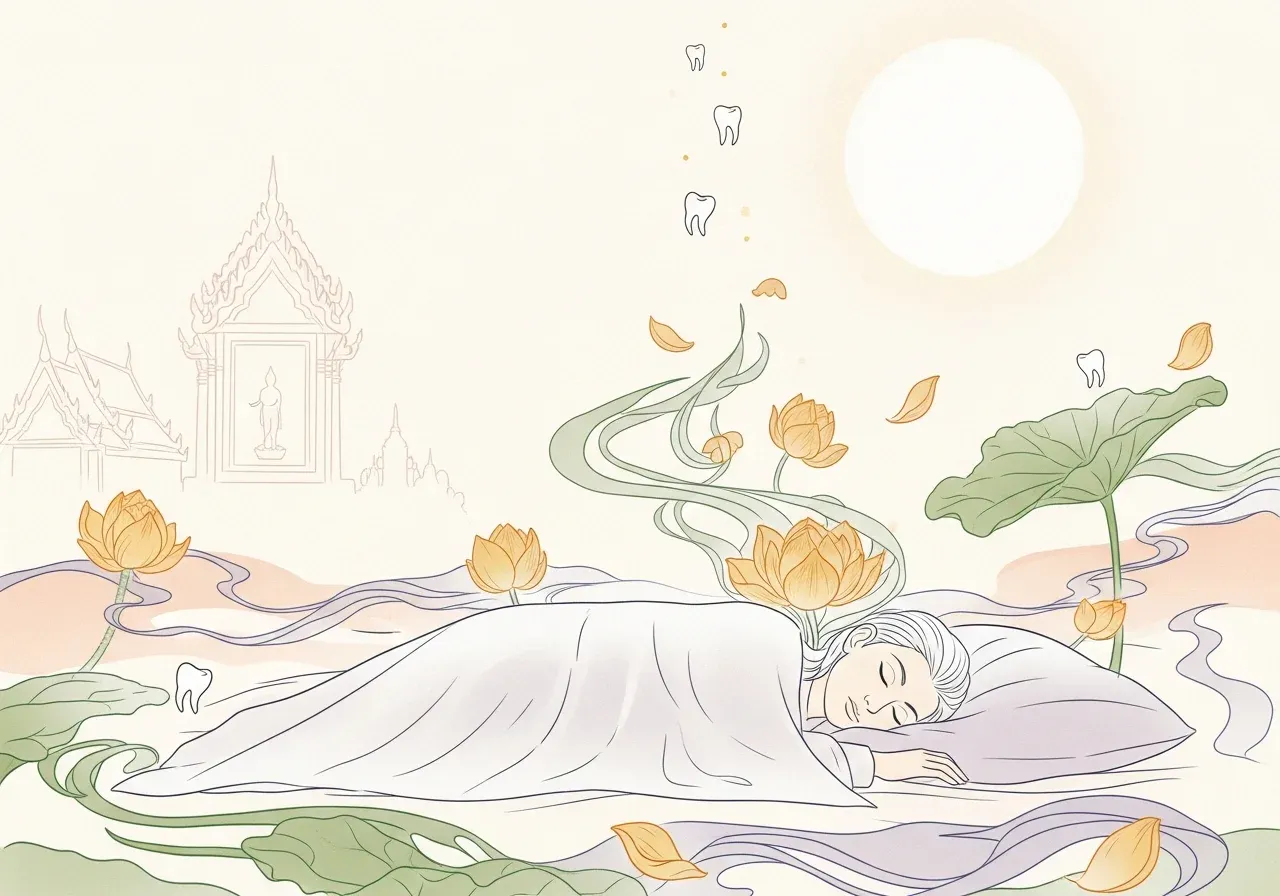 ฝันว่าฟันหลุด — สัญลักษณ์ของการเปลี่ยนผ่านในฝัน ฟันและดอกบัวล่องลอยกับแสงจันทร์ในตำราทำนายฝันไทย