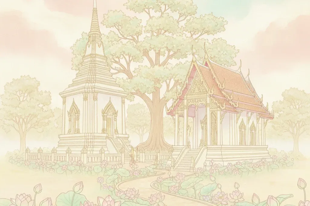 ภาพประกอบฝันเห็นวัด วัดร้าง เจดีย์ และบรรยากาศวัดไทยในความฝัน สไตล์พาสเทล สื่อถึงที่พึ่งทางใจและบุญกุศล