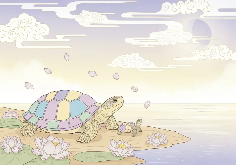 ภาพประกอบฝันเห็นเต่า สไตล์ไทยพาสเทล เต่าตัวใหญ่และลูกเต่าอยู่บนริมฝั่งที่มีดอกบัวลอย สื่อถึงอายุยืนและการเริ่มต้นใหม่