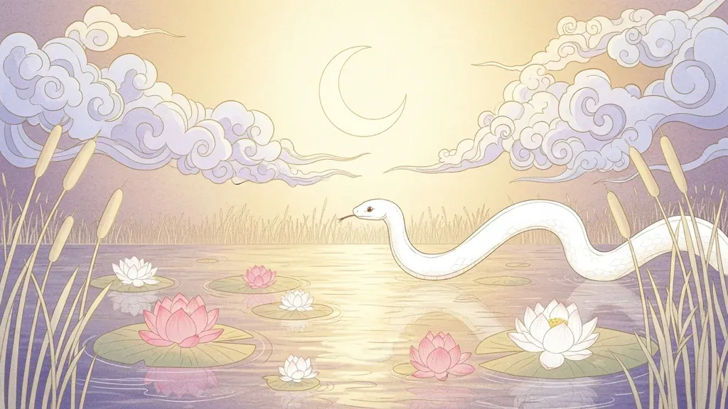 ฝันเห็นงูขาว เลื้อยอยู่ในสระบัว บรรยากาศสงบ พระจันทร์เสี้ยว โทนสีพาสเทล
