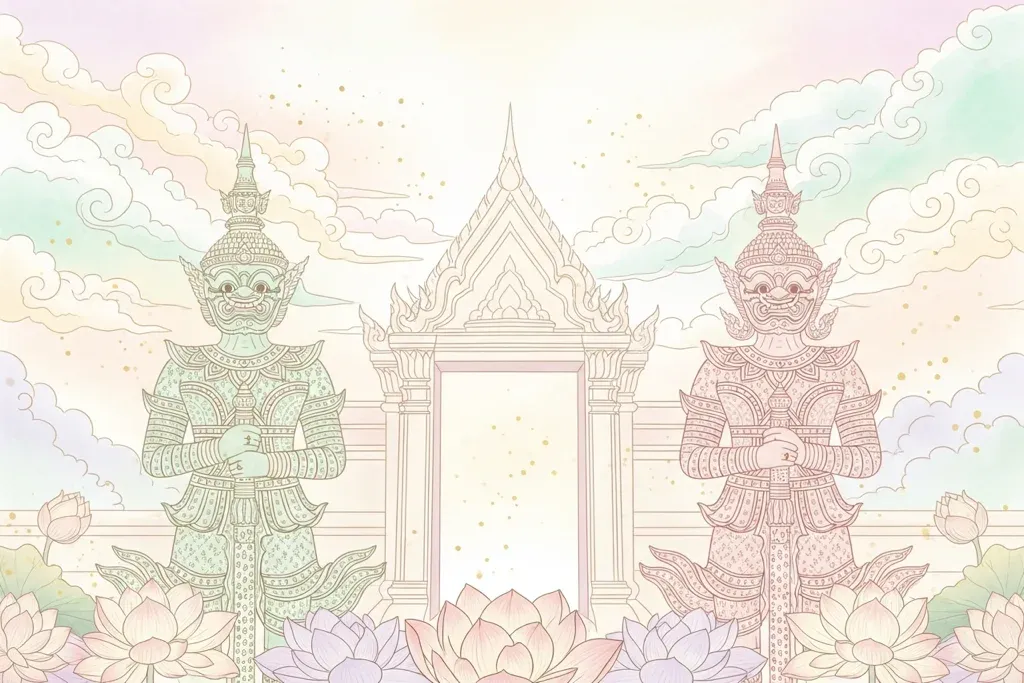 ภาพประกอบคู่ยักษ์เฝ้าซุ้มประตูพระอุโบสถ ยักษ์เขียวและยักษ์ชมพู ขนาบดอกบัวสีพาสเทล — สัญลักษณ์ของผู้พิทักษ์เขตศักดิ์สิทธิ์ในวัดไทย