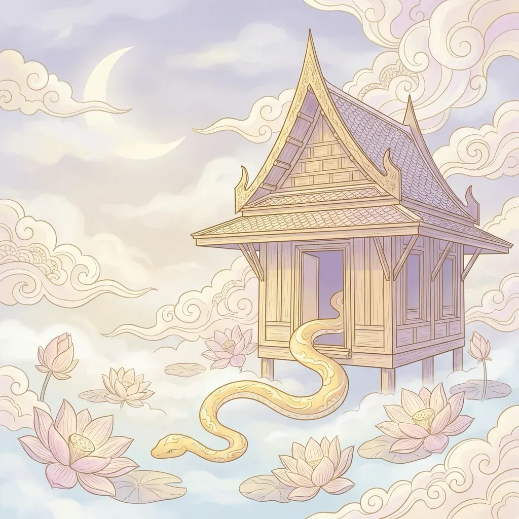 งูเหลืองเลื้อยเข้าบ้านไทยโบราณท่ามกลางบรรยากาศอันเป็นสิริมงคล