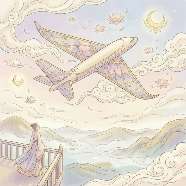 ภาพประกอบฝันเห็นเครื่องบิน: เครื่องบินในสไตล์ไทยประยุกต์ลอยเด่นบนท้องฟ้าสีพาสเทล