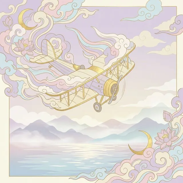 ภาพประกอบฝันว่าเครื่องบินตกในสไตล์ไทยประยุกต์ เครื่องบินโบราณลดระดับลงสู่ผืนน้ำและทิวเขาอันเงียบสงบ