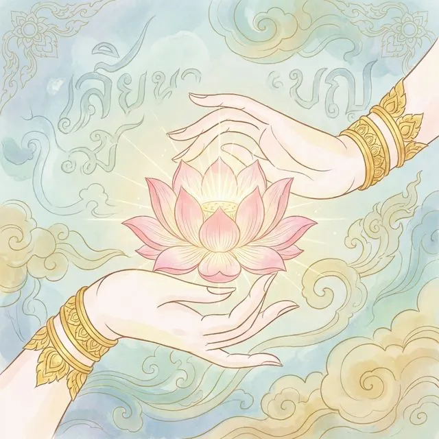 Thai ethereal style illustration of a pair of gentle hands cradling a glowing lotus flower that is blooming, symbolizing the birth of new success and creativity. Soft pastel Thai ethereal style, swirling clouds background, delicate line art.