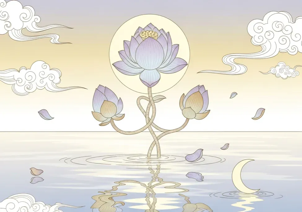 ภาพประกอบฝันว่าคลอดลูก สไตล์ไทยพาสเทล ดอกบัวสามดอกค่อยๆ บานจากผิวน้ำยามเช้า สื่อถึงการให้กำเนิดสิ่งใหม่และความสำเร็จ