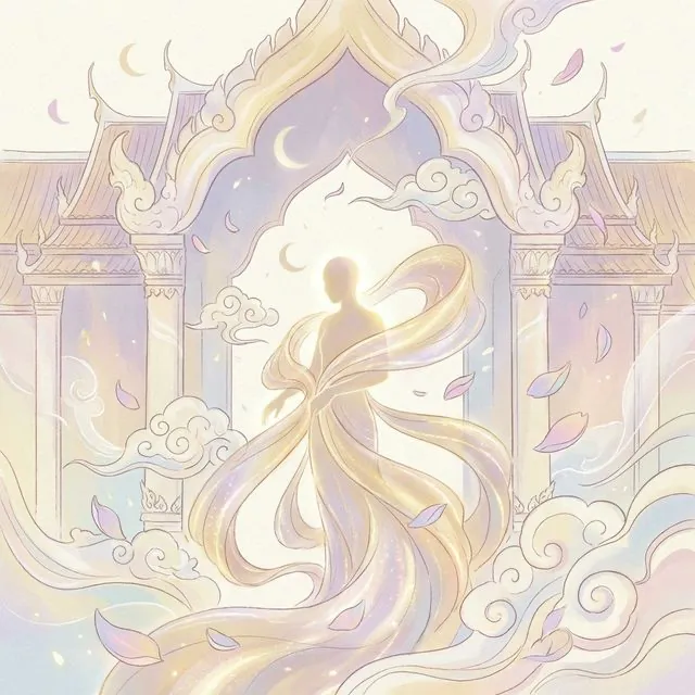 ภาพประกอบฝันว่าแก้ผ้าในสไตล์ไทยประยุกต์ ร่างเงาเรืองแสงท่ามกลางสระบัวและปุยเมฆ ส่องประกายแห่งการเริ่มต้นใหม่