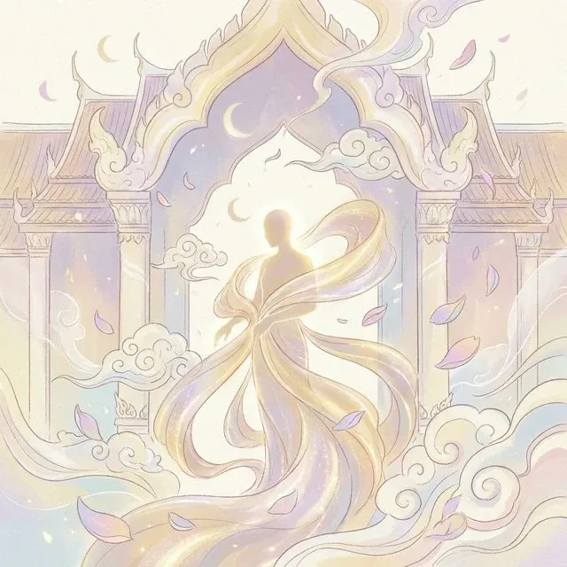 ภาพประกอบฝันว่าแก้ผ้าในสไตล์ไทยประยุกต์ ร่างเงาเรืองแสงท่ามกลางสระบัวและปุยเมฆ ส่องประกายแห่งการเริ่มต้นใหม่