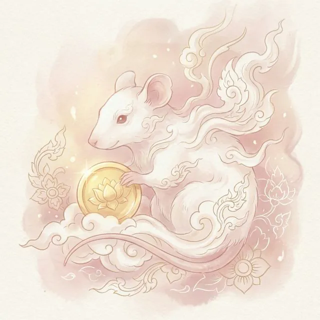 ภาพหนูสีขาวสะอาดตาถือเหรียญทองหรือดอกบัว ท่ามกลางหมู่เมฆสีพาสเทลอ่อนช้อย สื่อถึงโชคลาภและความเป็นมงคล