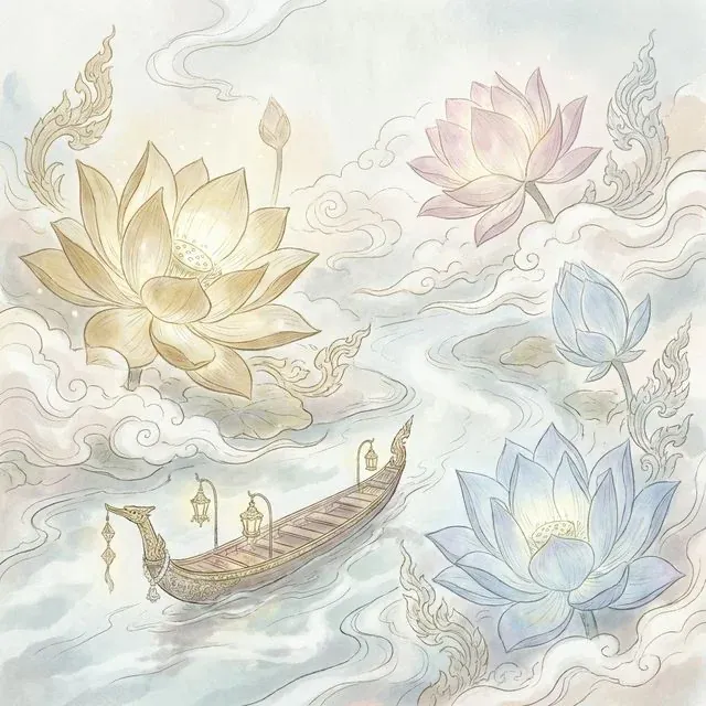 Thai ethereal style illustration of a traditional Thai longtail boat navigating through a mystical river surrounded by giant glowing lotus flowers and gentle mist. Soft pastel colors, delicate line art, mutelu aesthetic.