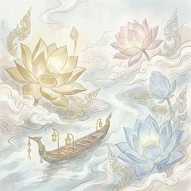 Thai ethereal style illustration of a traditional Thai longtail boat navigating through a mystical river surrounded by giant glowing lotus flowers and gentle mist. Soft pastel colors, delicate line art, mutelu aesthetic.