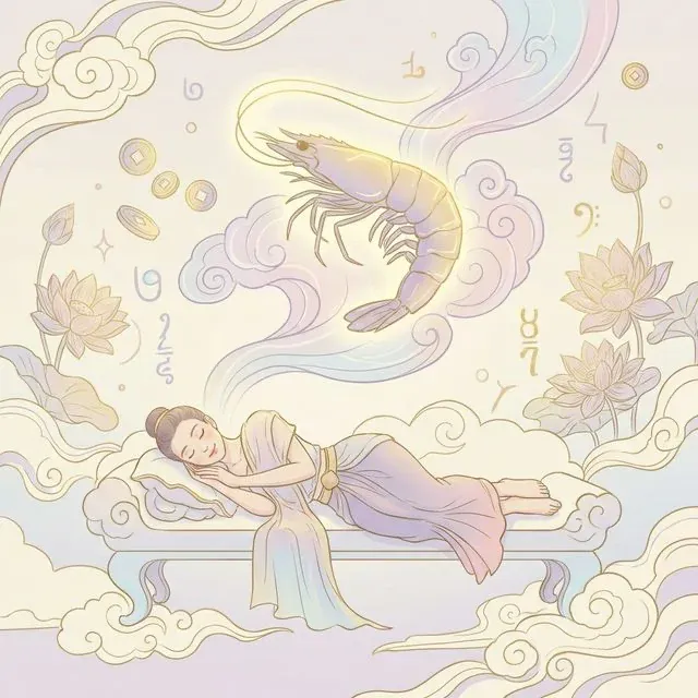 ภาพคนกำลังฝันอย่างมีความสุข โดยมีกุ้งตัวใหญ่สีทองเปล่งประกายลอยอยู่เหนือศีรษะ ท่ามกลางหมู่เมฆลายไทยอ่อนช้อย สื่อถึงนิมิตหมายแห่งความโชคดีและการเงิน