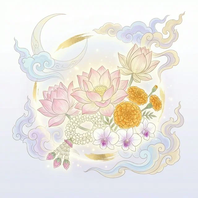 ดอกไม้ไหว้พระ 14 ชนิดและความหมาย ครบทุกองค์เทพ + วิธีจัดดอกไม้และธูปเทียน